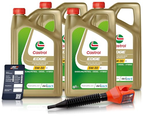 4x 5 L = 20 LITER CASTROL Edge Fluid Titanium 5W-30 C3 Motoröl inkl. Castrol Ölwechselanhänger und Einfülltrichter