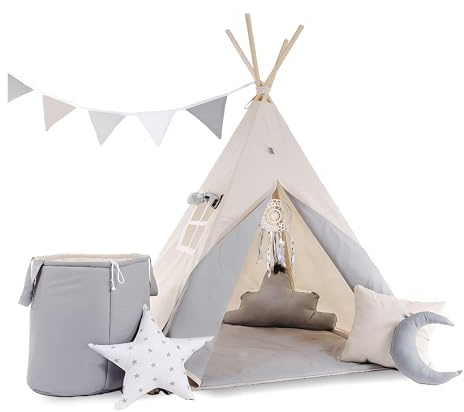 Kinder Teepee Tipi Set für drinnen draußen - 8-Elementiges Indianer Spielzelt mit Fenster (Grauer Wolf)