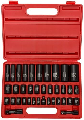 NEIKO 02443A 3/8 and 1/2 Drive Master Impact Socket Set | 38 Piece | Standard SAE (Inch) and Metric (mm) Sizes Below | Deep and Shallow Kit | Cr-V Steel | Includes Duometric Sockets