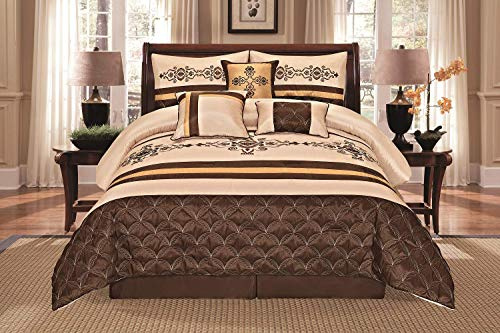 WPM WORLD PRODUCTS MART 7 Pieces Complete Bedding Ensemble Beige Brown Gold Luxury Embroidery Comforter Set Bed-in-a-Bag Bedding- Yasmen King
