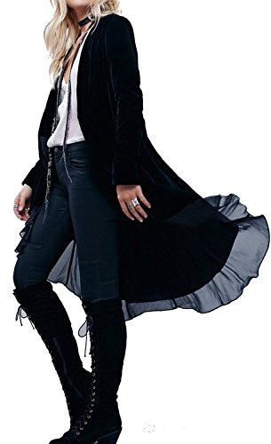 R.Vivimos Womens Ruffled Asymmetric Long Velvet Blazers Coat Casual Jackets Medium Black