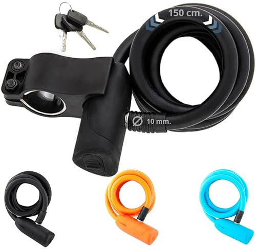 ULAC BAUHAUS Lucchetto a spirale con staffa a sgancio rapido, cavo rinforzato 150 cm (Ø 10 mm), con chiavi di sicurezza, coperchietto antipolvere e velcro - Nero/Black