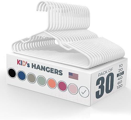 Neaties Plastic 12” Kids Hangers 30 Pack – Made in The USA – 5lb Capacity Baby & Toddler Clothes Hangers with Notches & Reinforced Edges – Fits Children’s Sizes Up to 8 – White