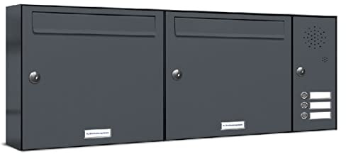 AL Briefkastensysteme 2er Briefkastenanlage mit Klingel Anthrazit Grau RAL 7016, Premium Doppel-Briefkasten DIN A4, 2 Fach Postkasten modern Aufputz