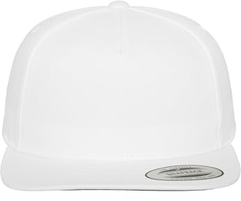 FLEXFIT Casquette de Baseball Classic 5 Snapback, pour Homme et Femme, Taille Unique, Fermoir Boutons-Pression Réglable au Dos, Visière Plate, 100% Coton, White