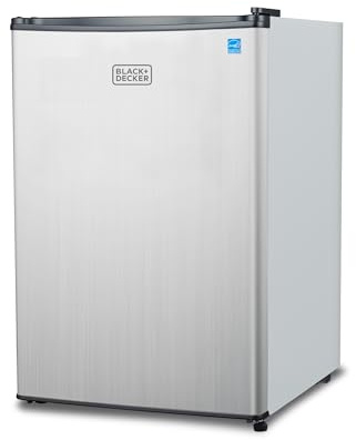 BLACK+DECKER 2.5 Cu. Ft. Compact Refrigerator, ENERGY STAR Certified, Single Door Mini Fridge with Chiller Compartment, Personal Fridge for Home or Dorm Room, R600a Refrigerant, BCRK25V,Stainless Look