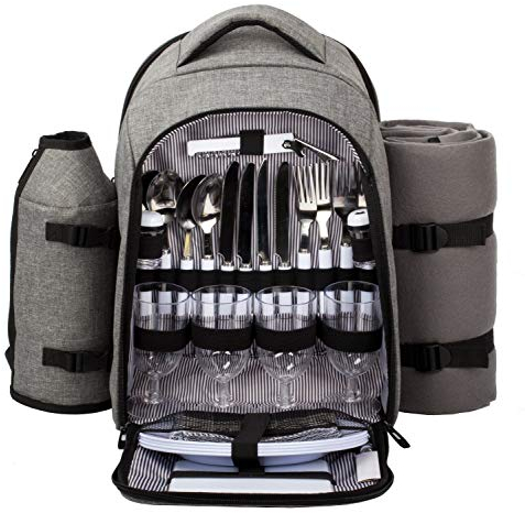 Hap Tim luxury 4 Person Picnic Backpack Picnic Rucksack Bag Hamper with Insulated Cooler Compartment includes Tableware & Fleece Blanket (EU3263-Grey)