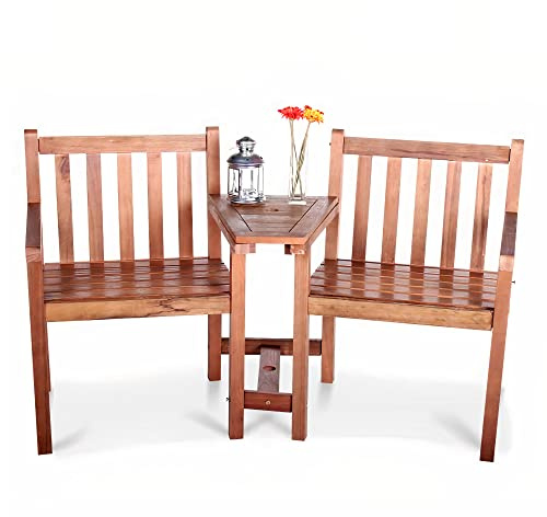 BillyOh Jack and Jill Tete Garden Love Seat with Parasol Hole, Coffee Table – 2 Seater Patio Set, Comfortable Angled Chairs for Chatting - Wooden Acacia Garden Bench for Outdoor or Outside Furniture