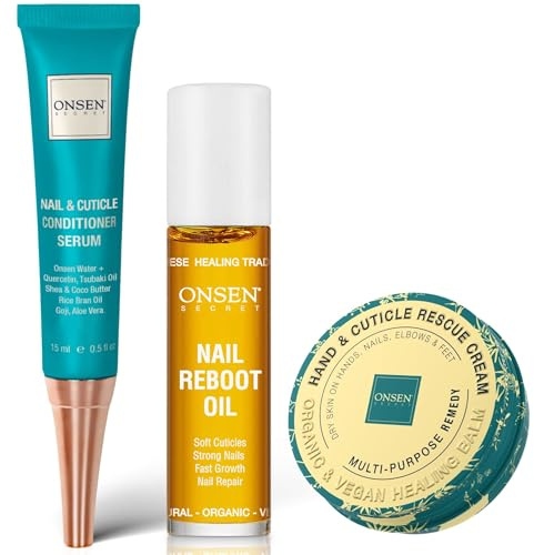 Onsen Nail & Cuticle Rescue Kit - Conditioner Serum, Repair Oil & Cuticle Balm – Tsubaki, Shea Butter, Jojoba - Strengthens Nails, Softens Cuticles, Hydrates Skin (15ml Serum+10ml Oil+32.5ml Cream)