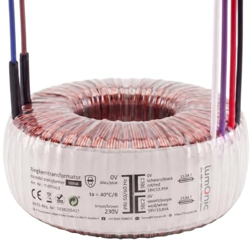 Lumonic trasformatore toroidale 500VA 2x18V per sistemi audio, industriali, alogeni e a binario - tensione di ingresso 230V - tensione secondaria 36V - modello RSO-826058
