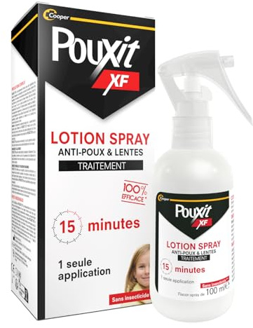 POUXIT - XF - Lotion spray anti-poux et lentes - 100% Efficace - Agit en 1 seule application de 15 minutes - Traitement du cuir chevelu – Dès 6 mois - 100 ml