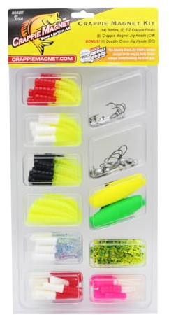Crappie Magnet 96-delars kit med 80 kroppar, 2 E-Z flytjiggar, 6 Crappie Magnet-jigghuvuden, 8 Double Cross-jigghuvuden, fiskeutrustning och tillbehör för sötvattenfiske