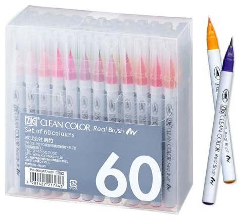Kuretake Zig Clean Color Real Brush 60 colors set, Brush tip marker pens, for Professional and Artist, coloring, drawing, calligraphy, lettering, Made in Japan
