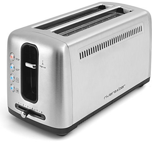 riviera&bar - Grille-Pain Inox 2 Fentes Extra-Longues 25 cm, 1500 W, 6 Niveaux de Dorage, Réchauffage, Décongélation, Tiroir Ramasse-Miettes, Compact et Puissant pour Cuisine, GP540A