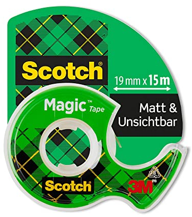 Scotch Cinta Mágica - 1 Rollo de 19 mm x 15 m + Dispensador Portátil - Cinta Adhesiva de Uso General para Reparación, Etiquetado y Sellado de Paquetes y Documentos