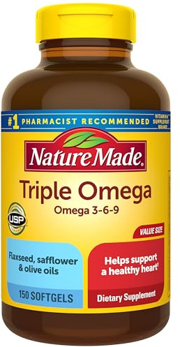 Nature Made Triple Omega 3 6 9 Supplements, Flaxseed, Safflower & Olive Oils, Fish Free Omega 3 Fatty Acid Supplement, 150 Softgels, 75 Day Supply