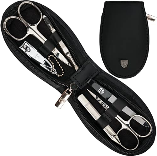 DREI SCHWERTER - Germany 6-tlg. 'Olbia' | Maniküreset Nagel Set Etui in Echt Leder schwarz | Inhalt: Hautschere, Nagelschere, Pinzette schräg, Doppelinstrument, Nagelknipser, Saphirnagelfeile