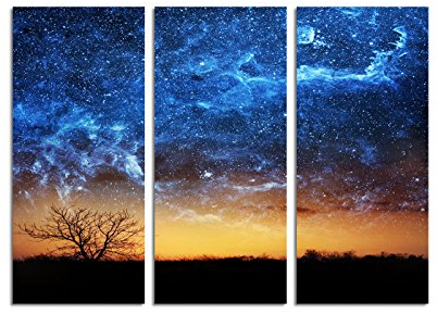 Paul Sinus Art 130x90cm – Keilrahmenbild einzelner Baum Weltall Sterne 3teiliges Wandbild auf Leinwand und Keilrahmen - Fotobild Kunstdruck Artprint