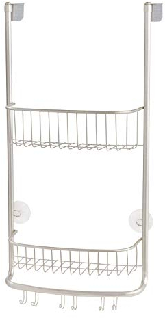 iDesign 46165EU Portaoggetti doccia da appendere, Piccolo porta oggetti per doccia con 2 cestelli e 3 doppi ganci, Portaoggetti da appendere nel box doccia in metallo, argento