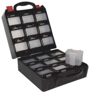 Perel boîte d’assortiment, 18 boîtes amovibles, couvercles transparents et clips de ceinture, coffret en plastique pour petites pièces, vis, écrous, boulons, électronique, atelier