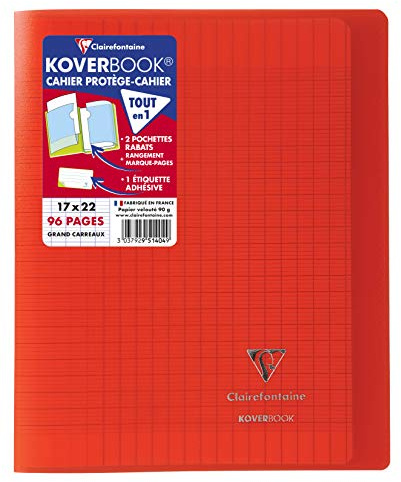 Clairefontaine 951404C – Skolhäftapparat/Anteckningsbok 17 x 22 cm, 48 ark 90 g, fransk linjatur, omslag av transparent polypropen, 2 genomskinliga fodral, robust, häftad, röd, 1 styck