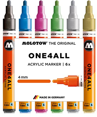 Molotow One4All 227HS Acryl Marker Metallic-Set (4,0 mm Strichstärke, hochdeckend und permanent, UV-beständig, für fast alle Untergründe) 6 Stück sortiert, 1 Stück (6er Pack)
