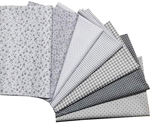 Shi Tong Baumwollstoff mit Blumen, Tupfen, Streifen, zum Basteln und Quilten, für Patchwork-Arbeiten, in 7 verschiedenen Designs, Größe 40 x 50 cm, Set mit Grautönen