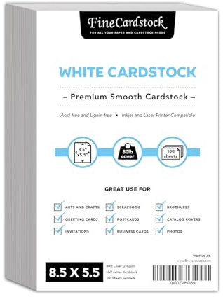 8.5 x 5.5” Bright White Card Stock Paper – Great for Arts and Crafts, Greeting Cards, Invitations, Flyers, Brochures, Photos | Heavyweight 80lb (216gsm) Cover Cardstock | 100 Sheets per Pack