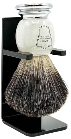 Parker 100% Black Badger Bristle Shaving Brush with Ivory Marbled Handle - Brush Stand Included