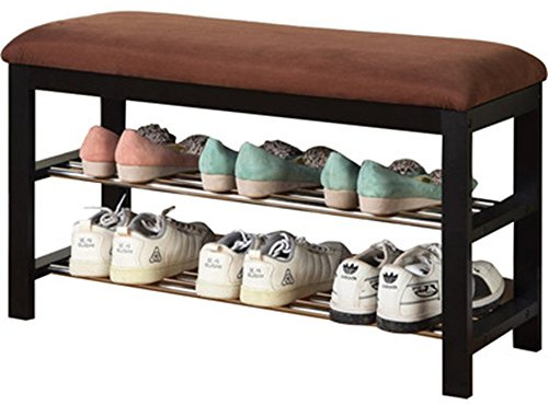 Roundhill Furniture Dark Espresso Wood Shoe Bench with Chocolate Microfiber Seat, Brown, 19.00 x 12.00 x 13.00 Inches