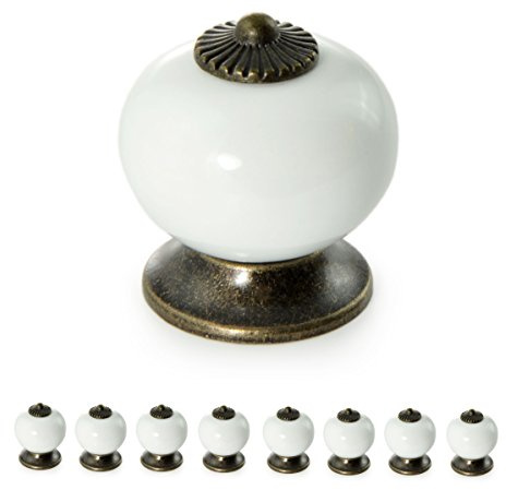 Ganzoo möbelknoppar set 8 st i porslin/keramik, vit, dörrknopp skåpknopp och lådknopp i rund form, blank yta, 32mm diameter 23mm djup, vintage shabby lantlig antik