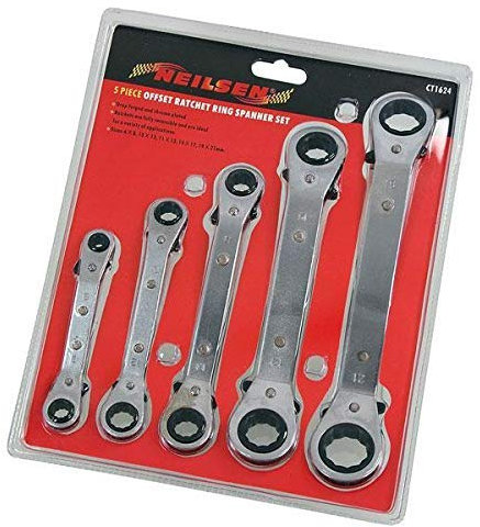 Neilsen CT1624 5 Piece Offset Ratchet Ring Spanner Set, Silver