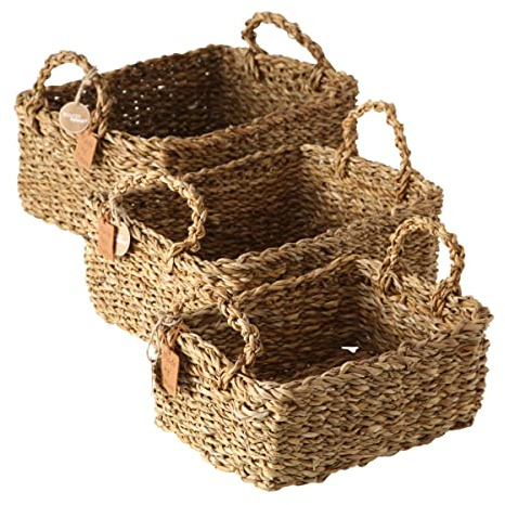 Boltze Korb Sophy 3-teilig (Aufbewahrungskörbe aus Seegras, natürliche Farben, Deko-Körbe im Boho Stil, Skandinavisch) 2946000, Beige | Handgearbeiteter 3-teiliger Seegraskorb in Natur mit Henkel – stapelbar und vielseitig einsetzbar
