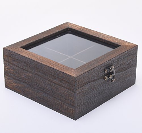 4 Compartment Rustic Dark Brown Wooden Tea/Coffee/Storage Box with Transparent Lid - WBM1607