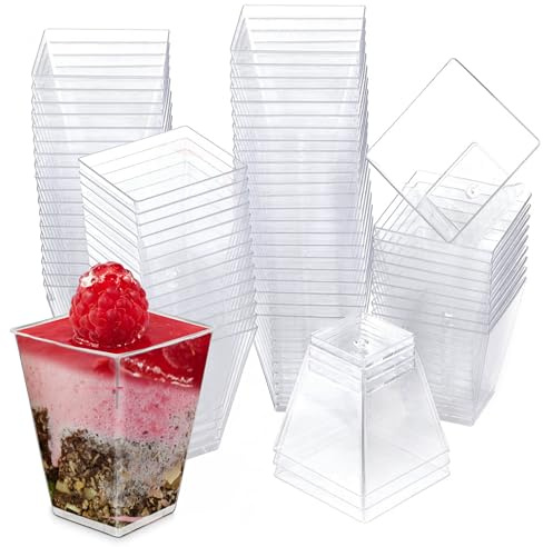 Oasis Creations Square Mini Dessert Cup - 2 Ounce - Durable Crystal Clear Plastic - 50 Count - Ideal for Desserts, Appetizers, Entrees, Puddings, Mousse and More!