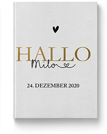 Rundfux® Personalisiertes Babyalbum/Tagebuch mit Namen und Geburtsdatum - Minimales Design in Gold/Schwarz - Babyname für Jungs/Mädchen