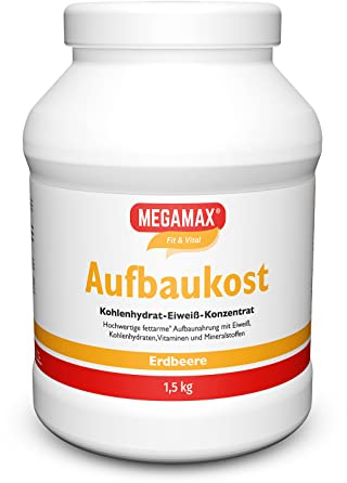 MEGAMAX Aufbaukost Erdbeere 1.5 kg- Ideal zur Kräftigung und bei Untergewicht. Proteinpulver zur Zubereitung eines fettarmen Kohlenhydrat-Eiweiß-Getränkes für Muskelmasse u. Muskelaufbau