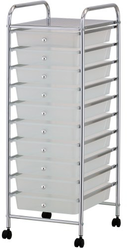 VonHaus Storage Trolley, 10 Drawer White Wheeled Makeup Trolley, Durable Storage with Plastic Drawers, Chrome Frame & 360° Wheels, Versatile Organiser for Bedroom, Bathroom, Home Office