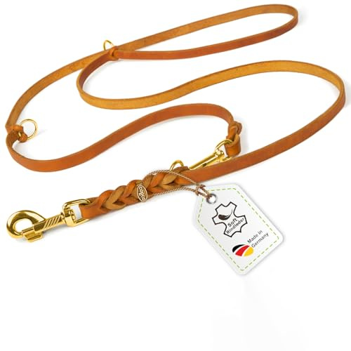 Hundeleine Leder 2,40m kleine Hunde leicht Fettlederleine [3-Fach Verstellbar] Lederleine geflochten – robuste Leine Hund mit Messingbeschlägen, Führleine Hund & Freihandleine, Cognac 8mm