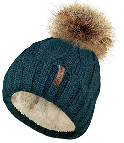 TOSKATOK Mesdames trapu Douce câble Bonnet en Tricot avec Confortable Doublure Polaire Amovible en Fausse Fourrure et Pompon