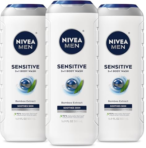 NIVEA MEN Sensitive Body Wash with Bamboo Extract, Moisturizing Body Wash for Sensitive Skin, Soap Free Shower Gel for Men with No Drying Alcohol, 16.9 Fl Oz Bottle, Pack of 3