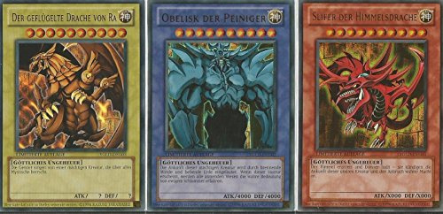 Konami Yu-Gi-O Egyptian Gods Cards - Juego completo de cartas ultra raras, edición limitada, Slifer of the Heaven -DEG01 Obelisco de los Together -DEG02 The Winged Dragon of Ra YGLD-DEG03 Deutsche V