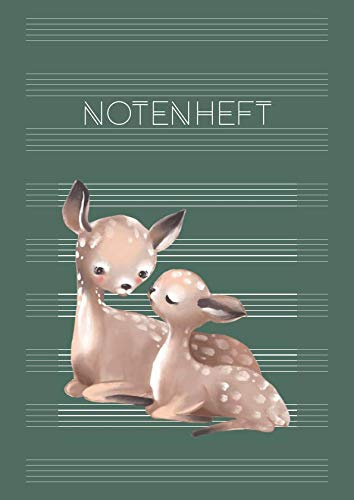 Notenheft: Schule & Unterricht & Hobby | DIN A4 Blanko Notensysteme mit Inhaltsverzeichnis | Musik Schreibheft | große Lineatur für Kinder & Anfänger - Motiv: Rehe