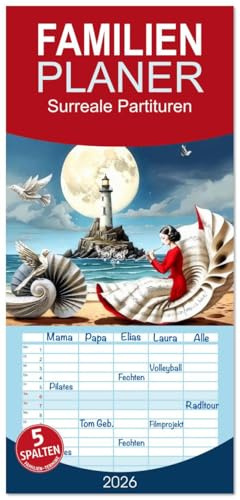 Familienplaner 2026 - Surreale Partituren mit 5 Spalten (Wandkalender, 21 cm x 45 cm), CALVENDO: Fantastische Szenen aus Notenpapier (CALVENDO Kunst)
