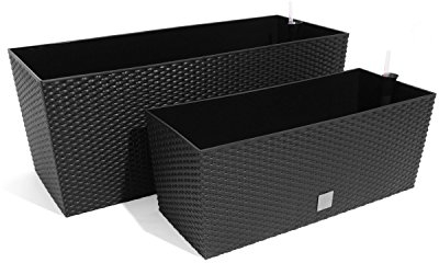 Prosperplast 2er Set Blumentopf 30L 72L Balkonkasten mit Bewässerunssystem Rattan Optik anthrazit