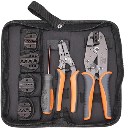 iCrimp Ratchet Wire Crimping Tool Set w/ 5 Interchangeable Jaws for Insulated and Non-Insulated Terminals AWG20-2, Wire Stripper included