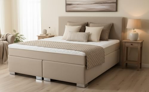 M.K.F. Boxspringbett Rom II 160x200 cm Beige Creme Cream Verschiedene Stoffe Matratze mit Tonnentaschen und Topper 160 x 200 cm Härtegtrad H2 H3 160x200 cm