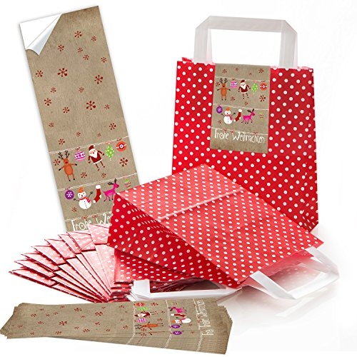 Logbuch-Verlag 5 rote Papier Geschenktaschen Frohe Weihnachten zum Befüllen mit Henkel & Weihnachtssticker Geschenktüte Papiersackerl für Geschenke