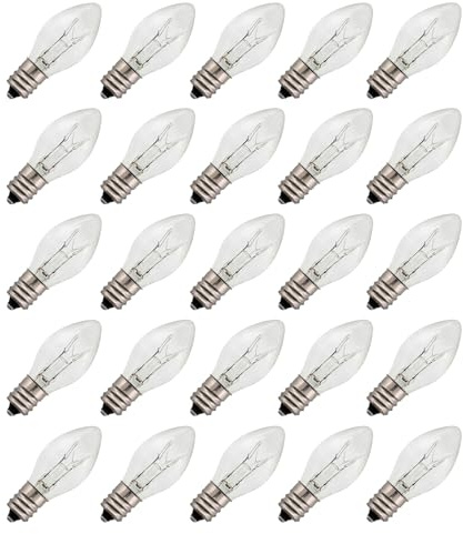 Creative Hobbies 7 Watt, 130V C7 Night Light, 40 Lumens, Long Life, Clear, E12 Candelabra Base, C7 Replacement Bulbs, Incandescent Light Bulb | 25 Pack