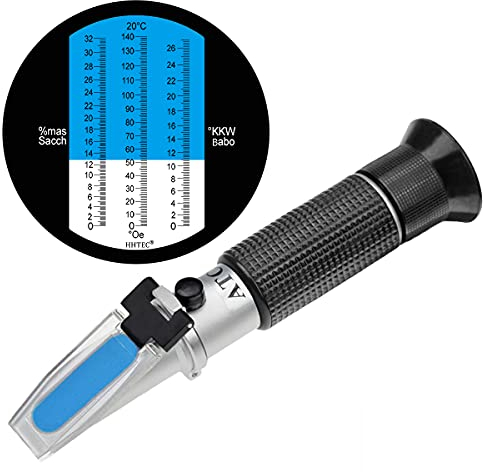 HHTEC Winzer Refraktometer 0-32 Brix (Zucker) 0-140 Öchsle 0-27 KMW mit ATC für Wein Bier Brauen für Messung des Zuckeranteils zur Herstellung von Qualitätsweinen mit Bedienungsanleitung in Deutsch